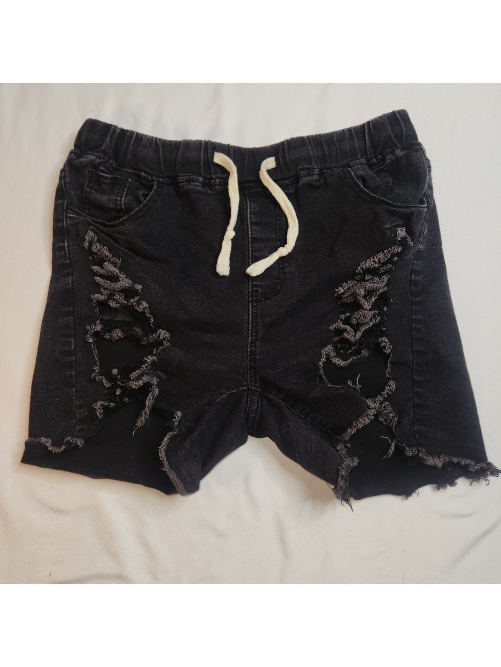 Black distressed denim shorts